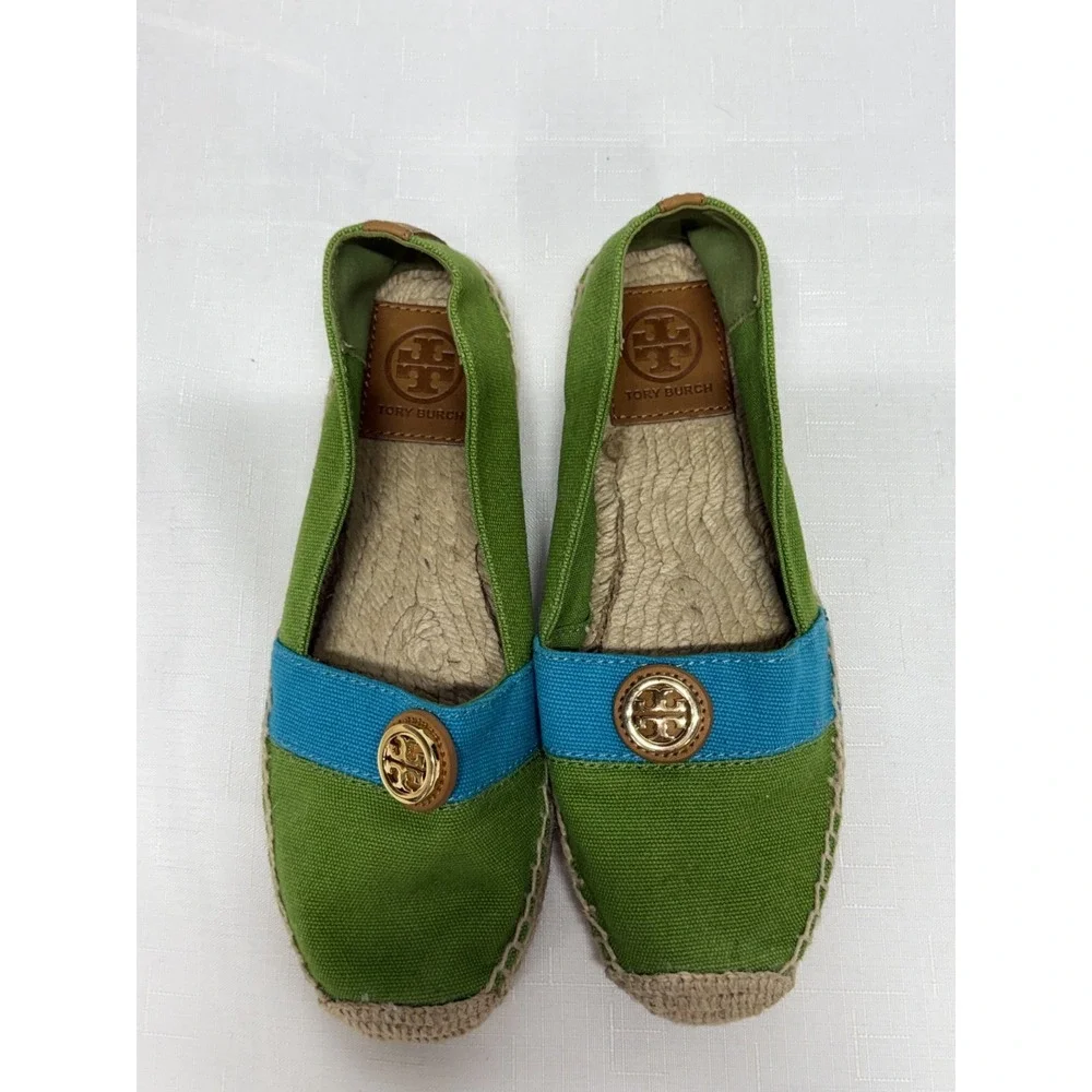 Tory Burch Beacher Espadrille Canvas Flats Womens Size 6 Green/Blue Slip On Shoe